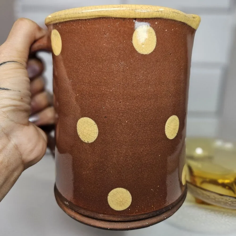 Antique Wisconsin ERIC ANDERSON RED Slip Ware Art Pottery Picher Jug Yellow Dot